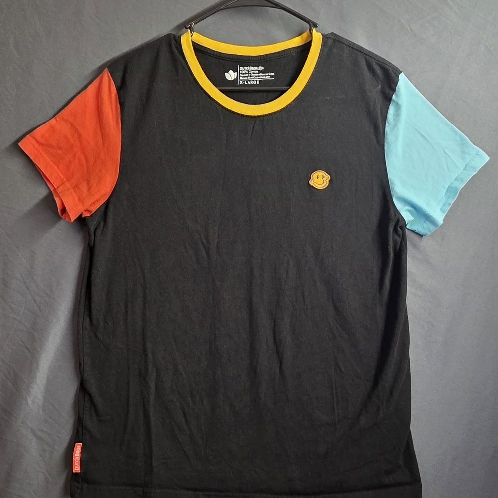 Dutch Bros Black T-Shirt with Red and Blue Sleeves